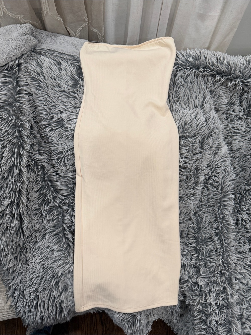 Strapless Cream Bodycon Midi Dress